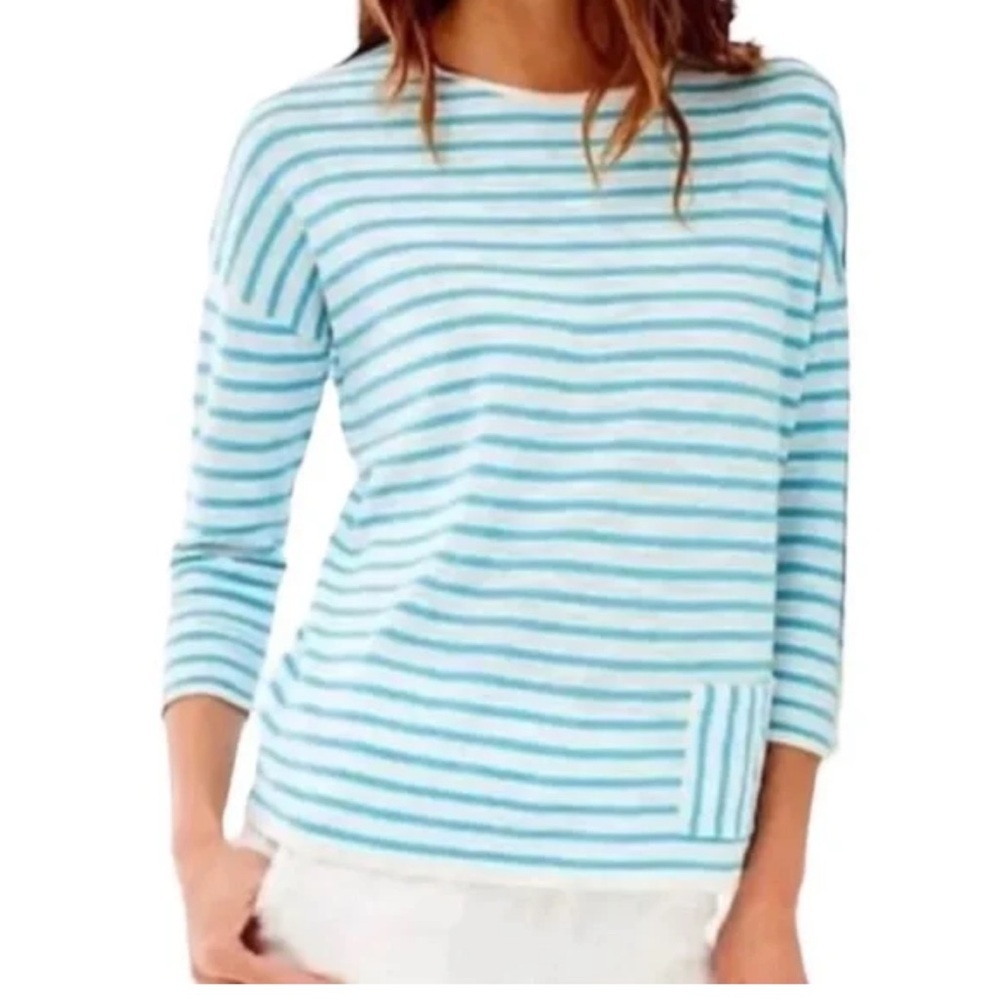 J. Jill Striped Linen Cotton Blend Sweater Aqua Turquoise & White Stripe Size XL